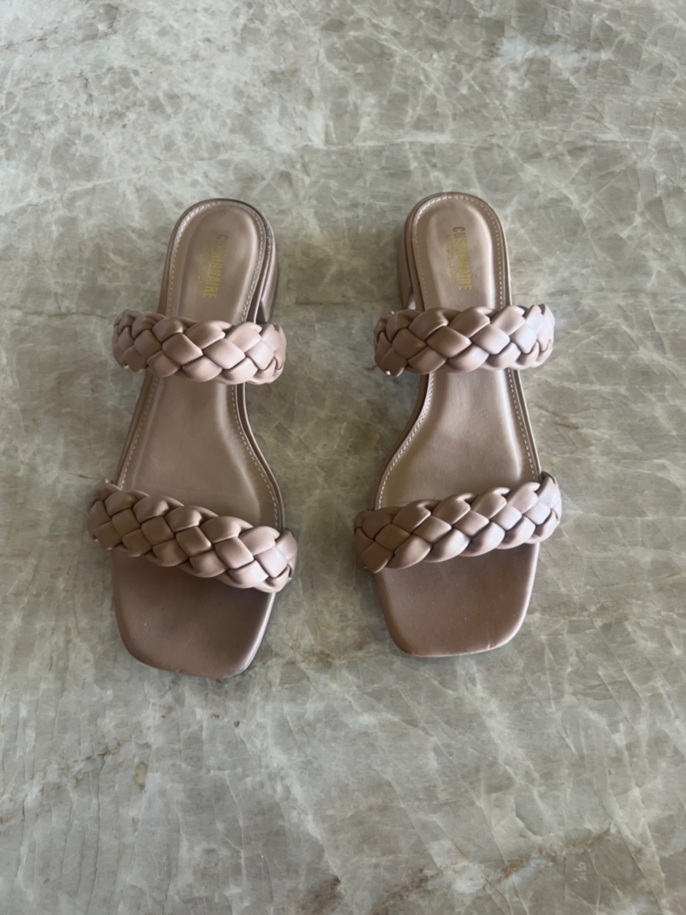 CUSHIONAIRE Nude Two Band Braided Low Block Heel Slide Sandal + Memory Foam Sz 9